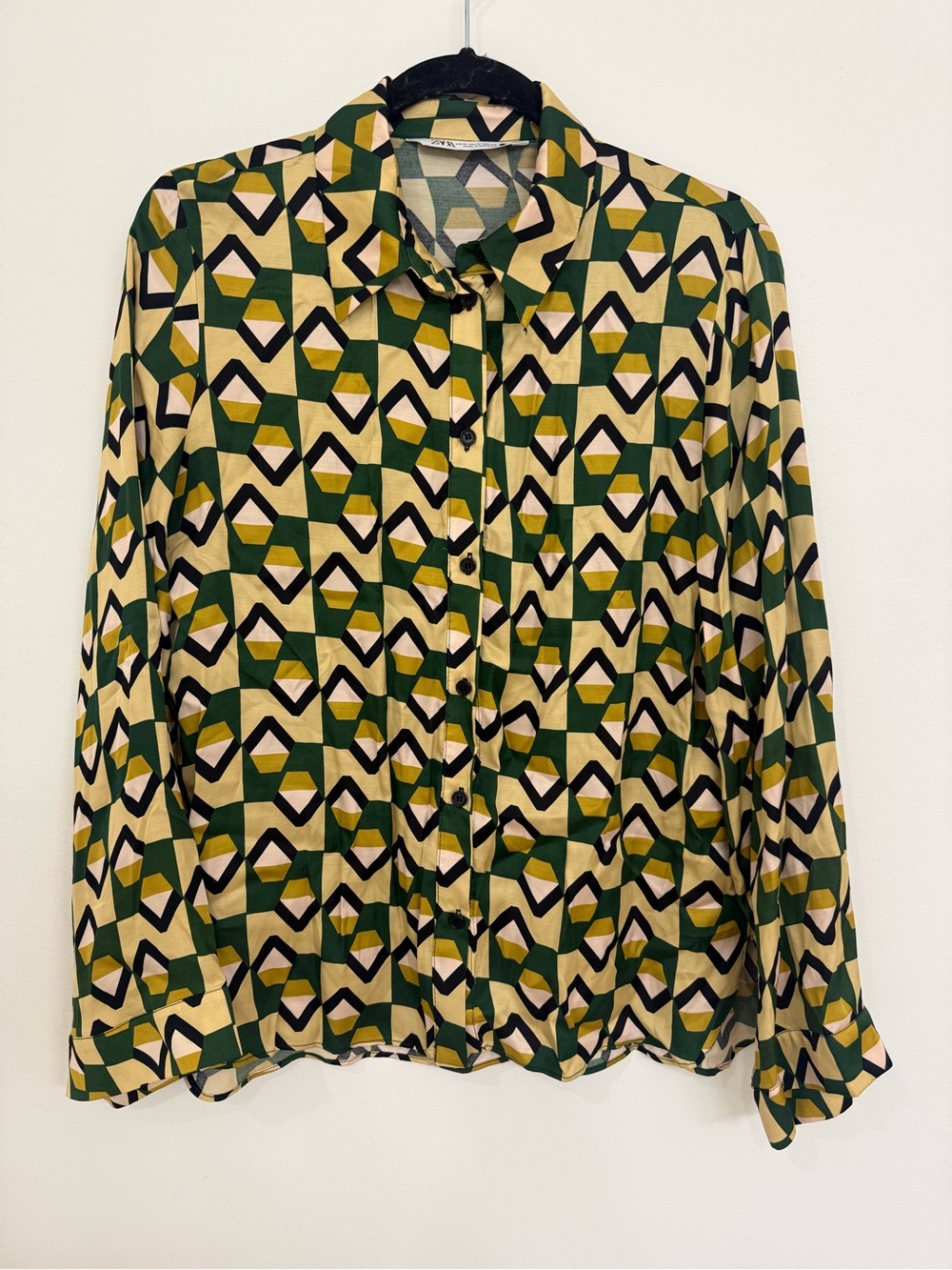 ZARA Geometric Print Button-Up Blouse wide leg pant in Green, Mustard, Cream